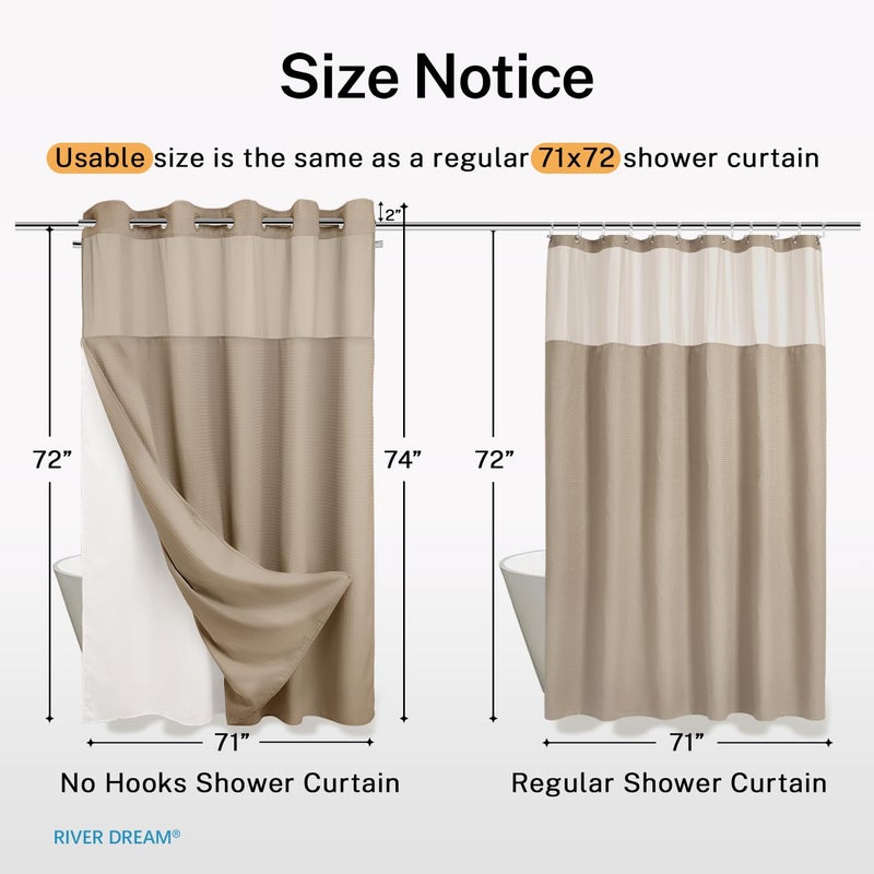 River Dream Heavyweight No Hooks Required Dotted Waffle Weave Shower Curtain with Snap in Liner - 71W x 74H,Hotel Grade,Spa Like Bath Curtain,Linen - Image 5